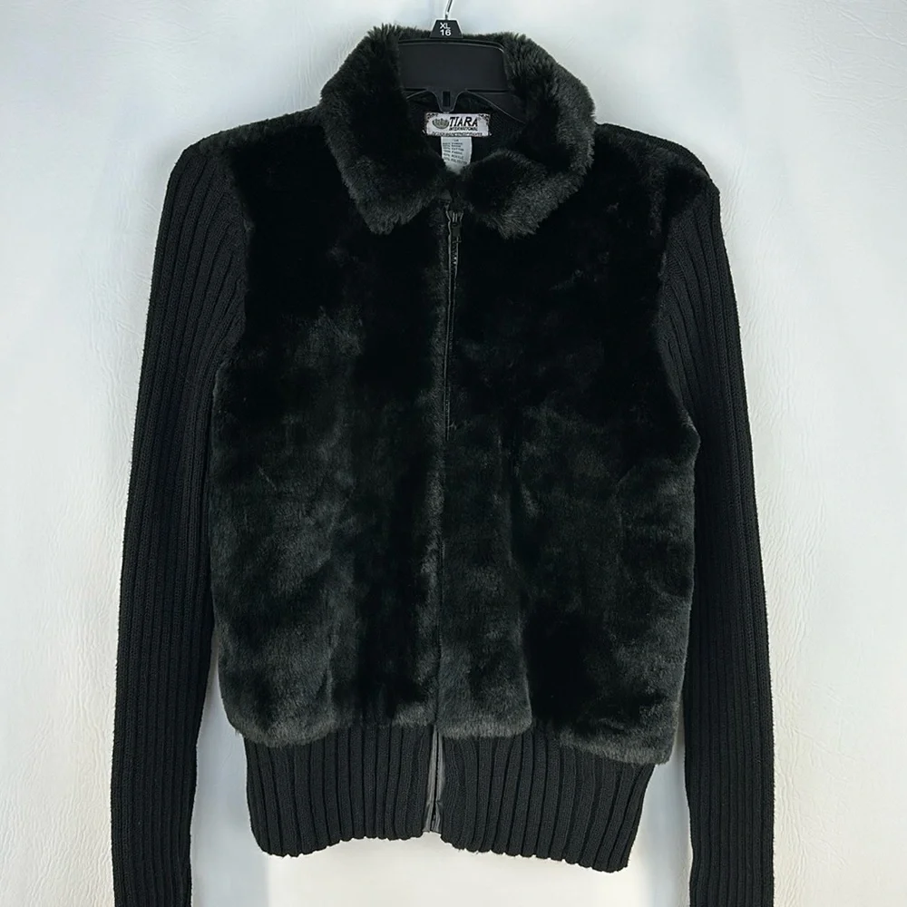 Tiara International Fur Knit Full Zip Cropped Jacket, M